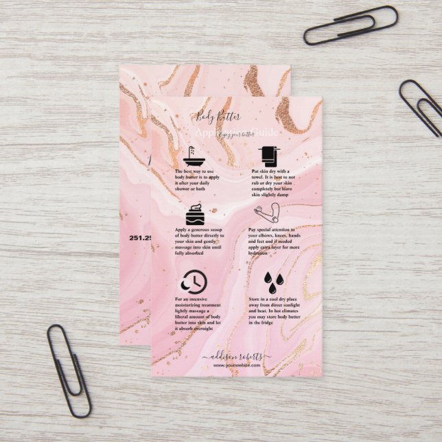Body Butter Application Guide Pink Gold Watercolor Business Card (Front/Back In Situ)
