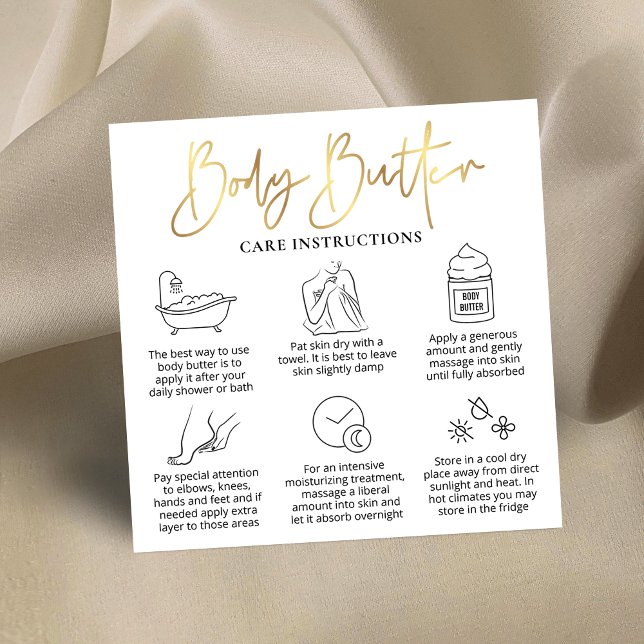 Body Butter Application Guide White & Gold Logo Square Business Card (Whipped body butter application guide cards with icons and faux gold foil effects)