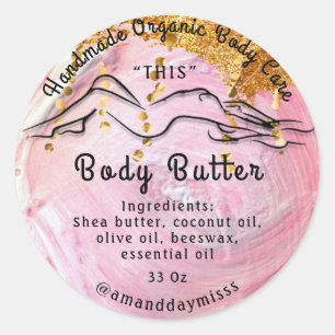 Body Butter Balm Care Packaging Gold Pink Logo Classic Round Sticker
