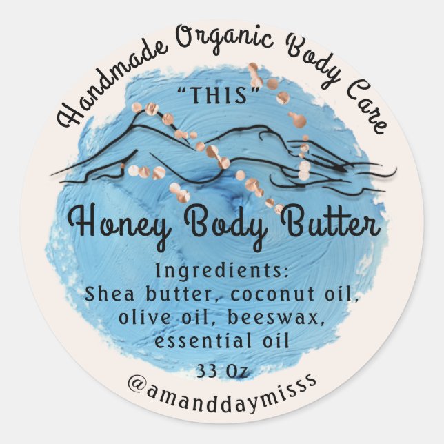 Body Butter Balm Care Packaging Rose Blue Classic Round Sticker (Front)