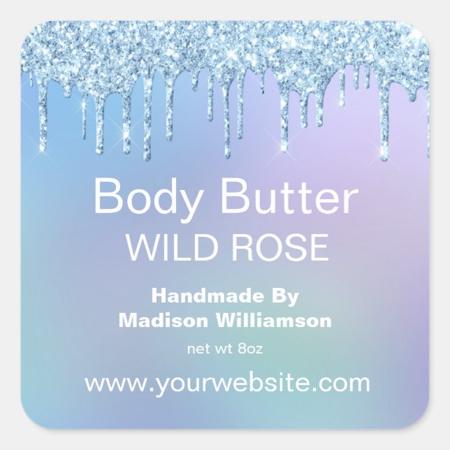Body Butter Blue Dripping Glitter Personalised Square Sticker (Front)