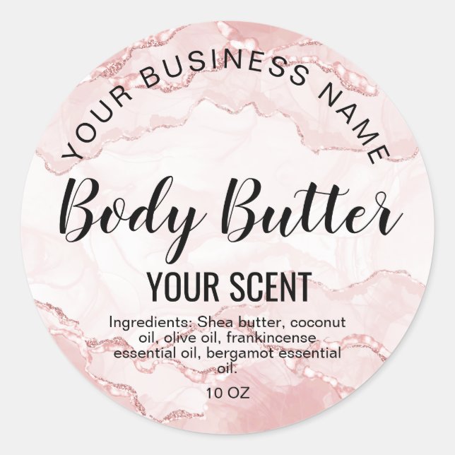 body butter blush pink agate add logo  classic round sticker (Front)