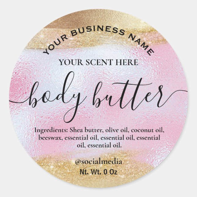 Body Butter Labels In Gold And Holographic Pink (Front)