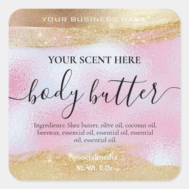 Body Butter Labels In Gold And Holographic Pink (Front)