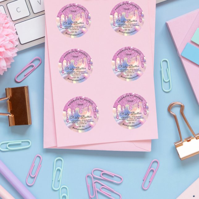 Body Butter Packaging Pink Drips Holographic Classic Round Sticker (Body Butter Packaging Pink Drips Holographic Classic Round Sticker)