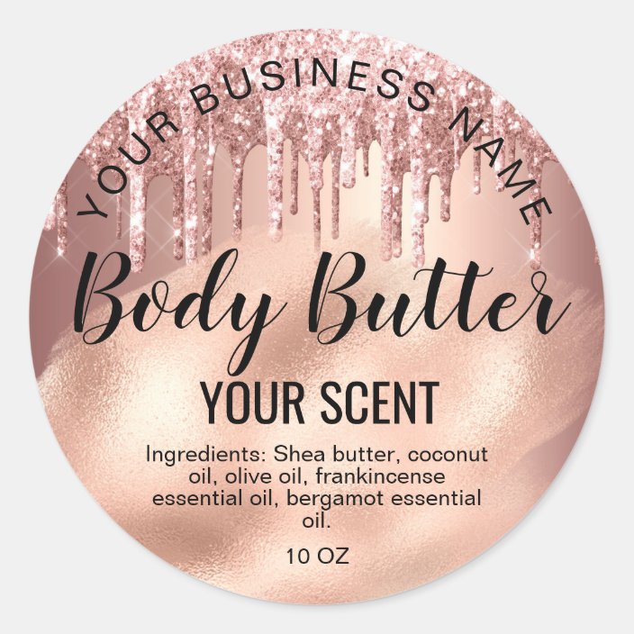 body butter rose gold drips foil add your logo classic round sticker