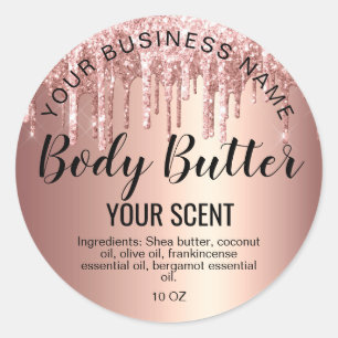body butter  rose gold drips foil add your logo classic round sticker