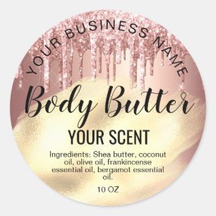 body butter  rose gold drips foil add your logo classic round sticker