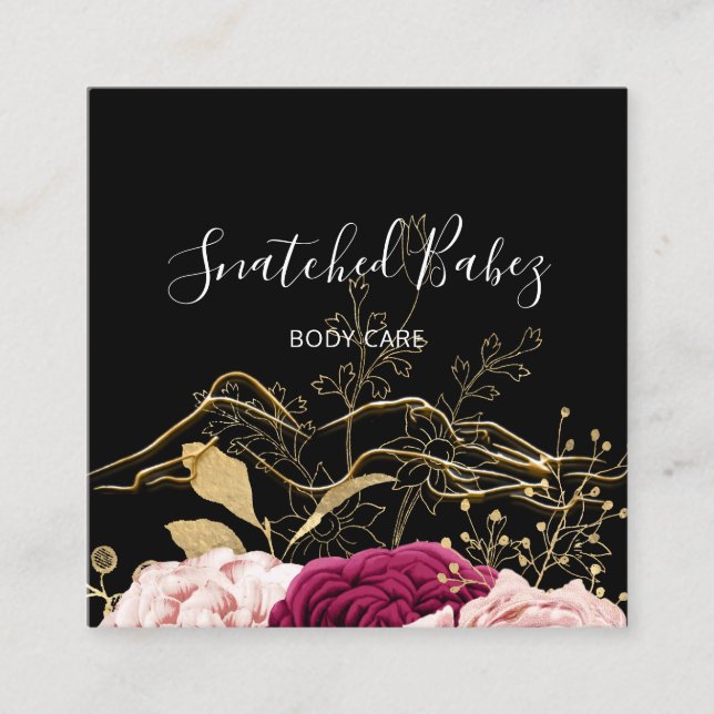 Body Care Sculpting QRCODE Black Gold Flower Roses Square Business Card (Front)