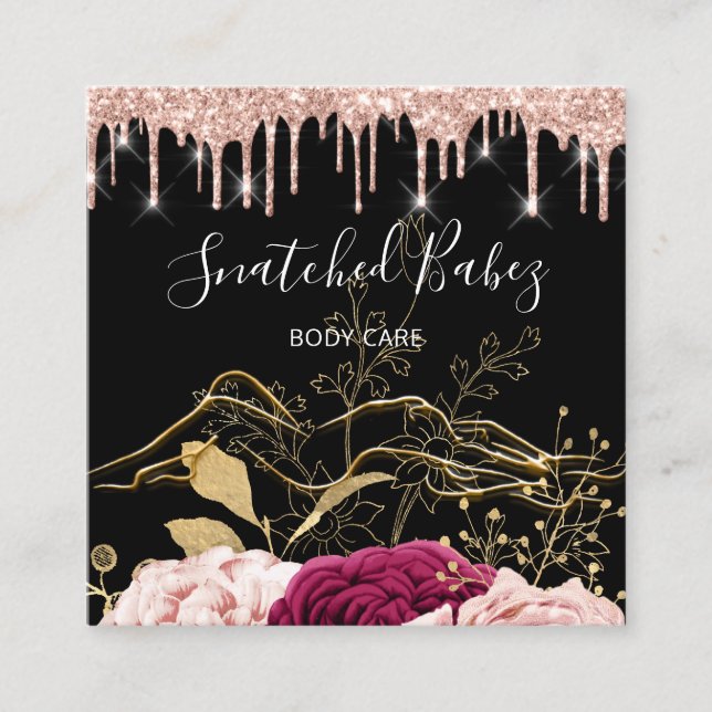 Body Care Sculpting QRCODE Black Gold Rose Drips Square Business Card (Front)