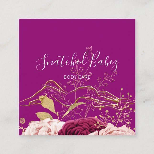 Body Care Sculpting QRCODE Gold Purple Flowers   Square Business Card (Front)