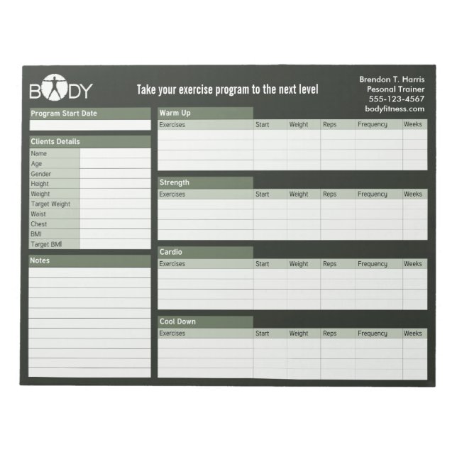 Body Madness Personal Trainer Workout Log Notepad (Front)