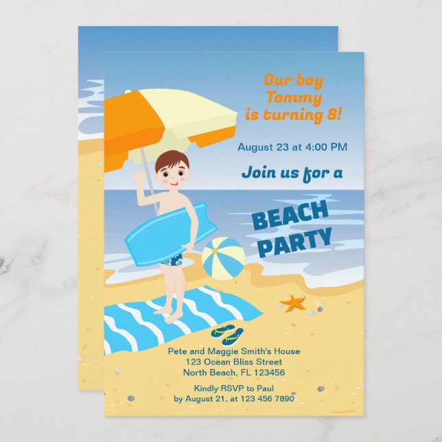 Bodyboard boy fun beach birthday party invitation (Front/Back)