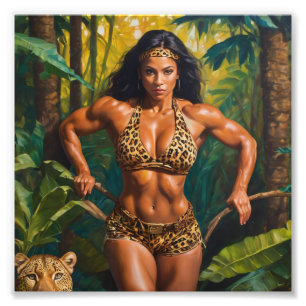 Bodybuilder in Leopard Outfit Surrounded by Jungle Photo Print