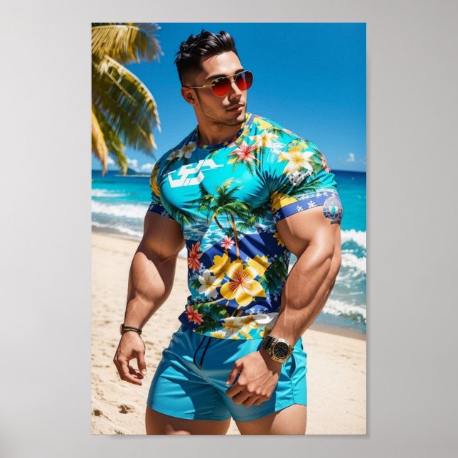 Bodybuilder Model at Hawaii Beach Poster (Front)