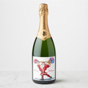 Bodybuilder Santa Claus with Christmas Gifts - Fun Sparkling Wine Label