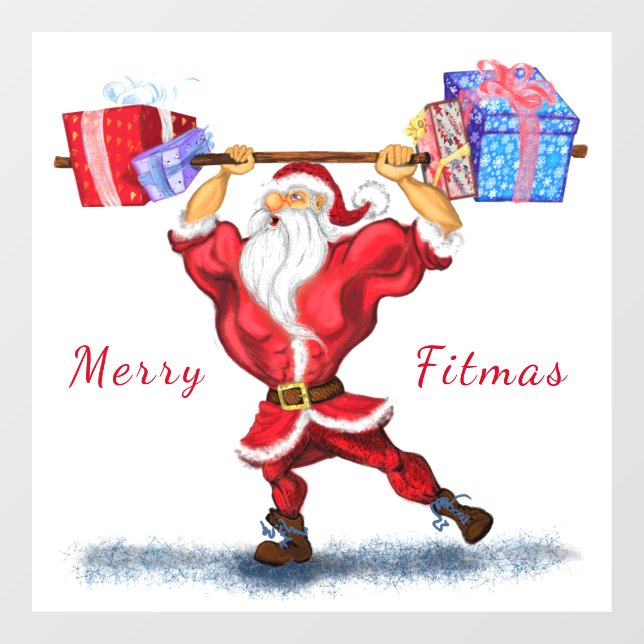 Bodybuilder Santa Claus with Christmas Gifts Fun Window Cling (Sheet)