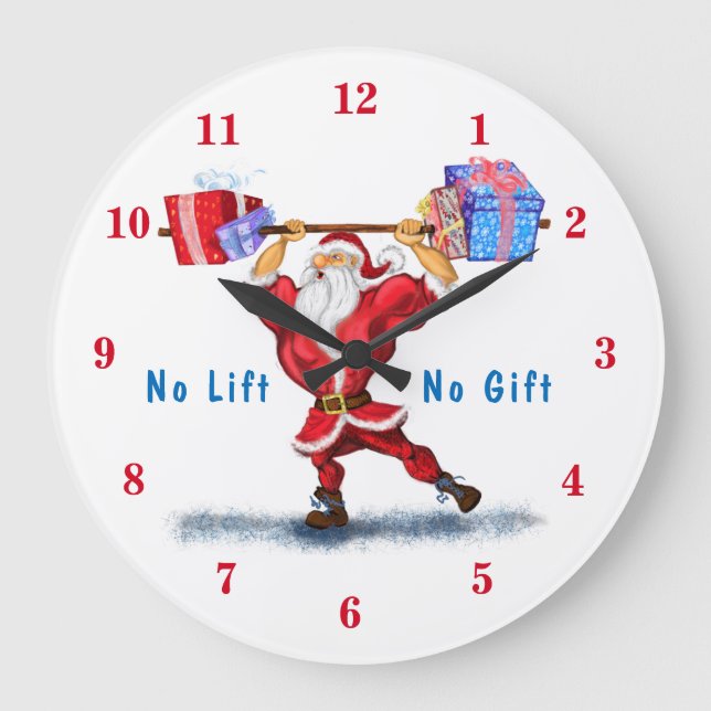 Bodybuilder Santa Claus with Christmas Gifts Funny Large Clock (Front)