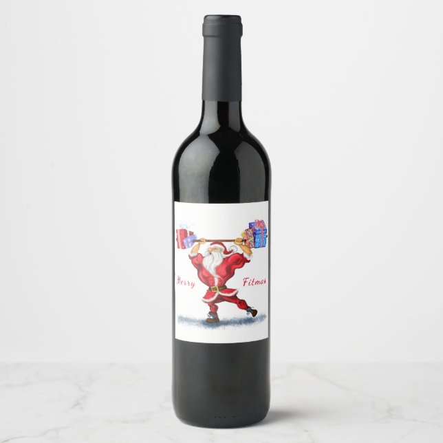 Bodybuilder Santa Claus with Christmas Gifts Funny Wine Label (Front)