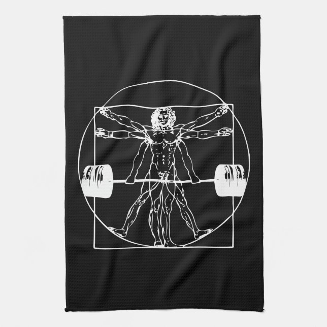 Bodybuilding - Vitruvian Barbell Man Tea Towel (Vertical)