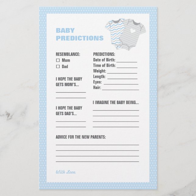 Bodysuit Baby Shower Baby Predictions Card - blue (Front)