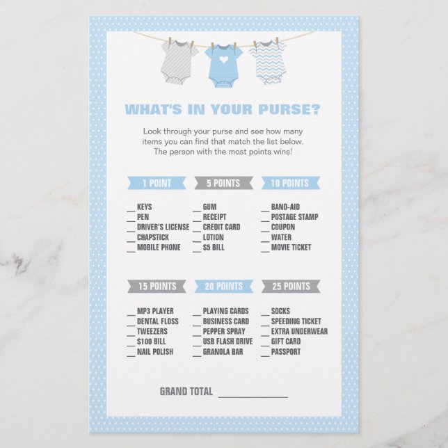 Bodysuit Baby Shower Whats in your Purse Game-Blue Stationery (Front)