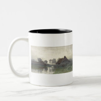 Boer Homes on the water in morning mist Two-Tone Coffee Mug