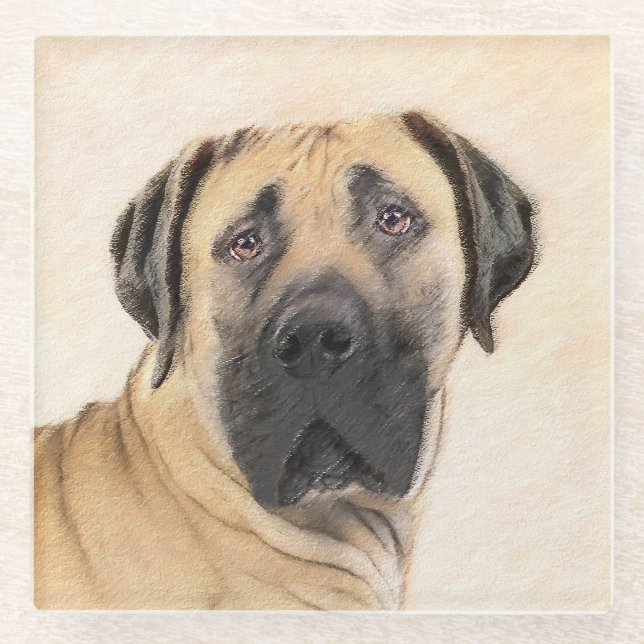 Boerboel Painting - Cute Original Dog Art Glass Coaster (Front)