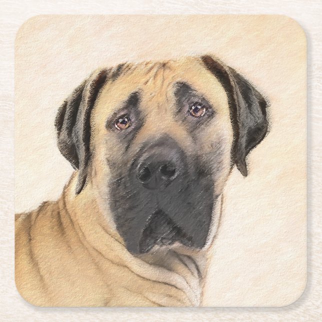 Boerboel Painting - Cute Original Dog Art Square Paper Coaster (Front)