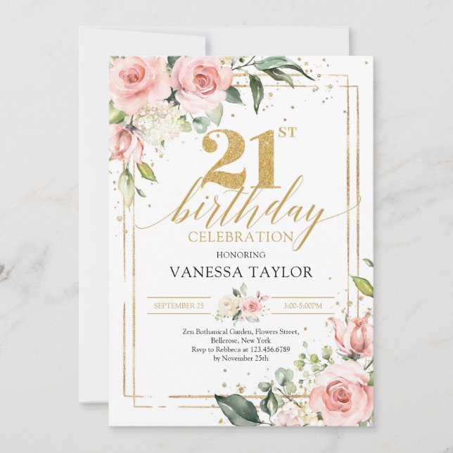 Bohemain blush pink floral eucalyptus gold 21th invitation (Front)