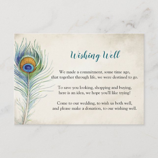 Bohemain Peacock Feather Teal Wishing Well Wedding Enclosure Card (Front)