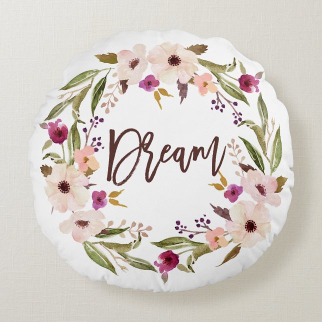 Bohemain Watercolor Floral Wreath | Dream Script Round Cushion (Front)