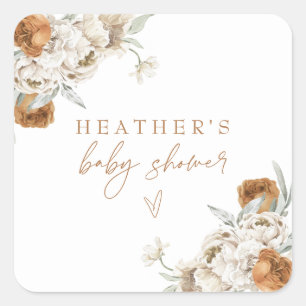 BOHEME Terracotta Floral Bohemian Baby Shower Square Sticker
