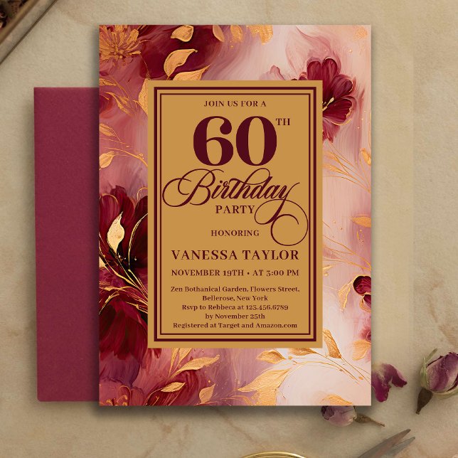 Bohemian 60th Birthday Burgundy Gold Watercolor  Invitation (Bohemian 60th Birthday Burgundy Gold Watercolor Invitation)