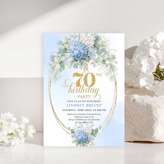 Bohemian 70th Birthday Blue Hydrangeas Gold Invite (Bohemian 70th Birthday Blue Hydrangeas Gold Invitation)