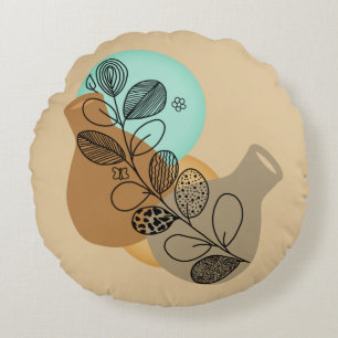 BOHEMIAN ABSTRACT MINIMALIST WITH BLACK LEAF ROUND CUSHION