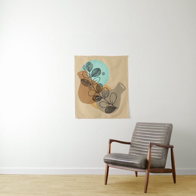 BOHEMIAN ABSTRACT MINIMALIST WITH BLACK LEAF TAPESTRY (In Situ)