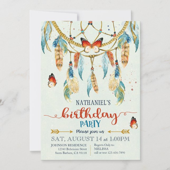 Bohemian American Indian Dream Catcher Birthday Invitation (Front)