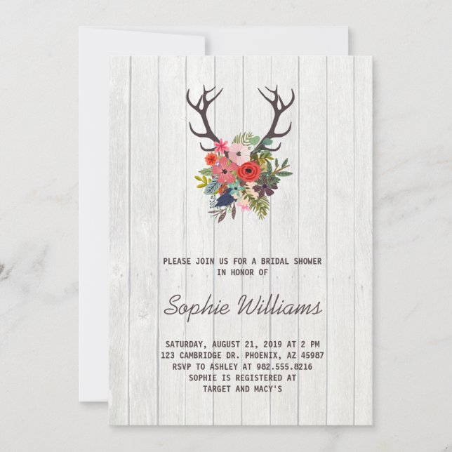Bohemian Antlers and Flowers Bridal Shower Invitation (Front)