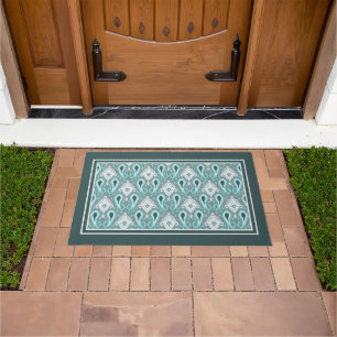 Bohemian Aqua Turquoise Ikat Tribal Art Pattern Doormat