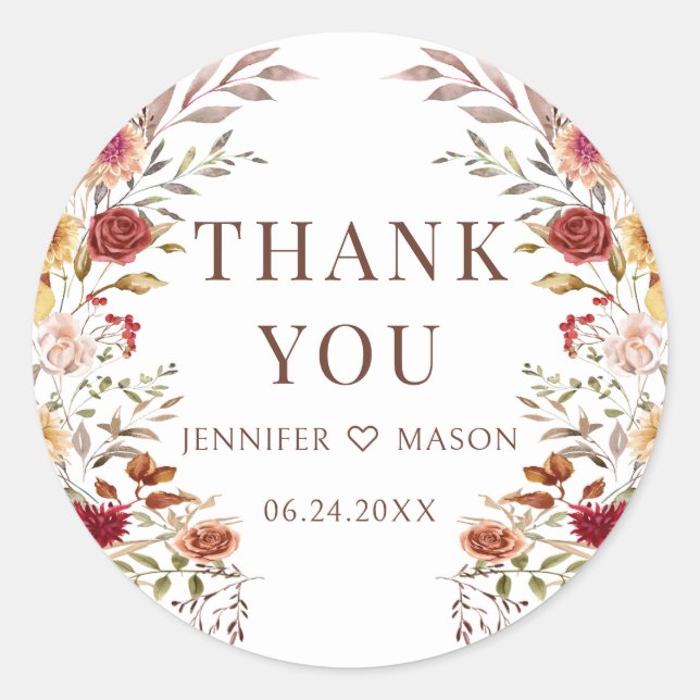 Bohemian Autumn Fall Floral Wedding Thank You Classic Round Sticker (Front)