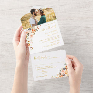 Bohemian Autumn Gold Floral Wedding Photo All In One Invitation
