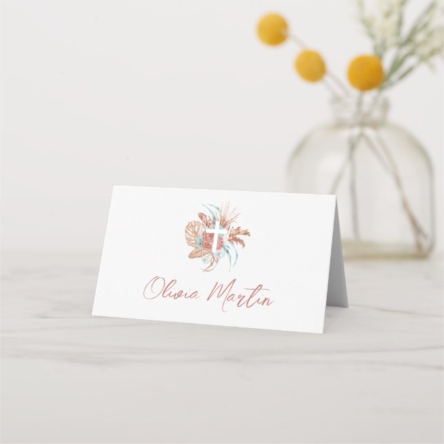 Bohemian Baptism Boho Christening Flowers Place Card (Front)