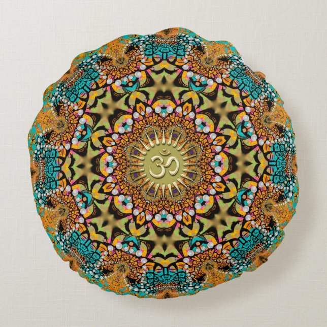 Bohemian Batik Mandala OM Yoga Round Cushion (Back)