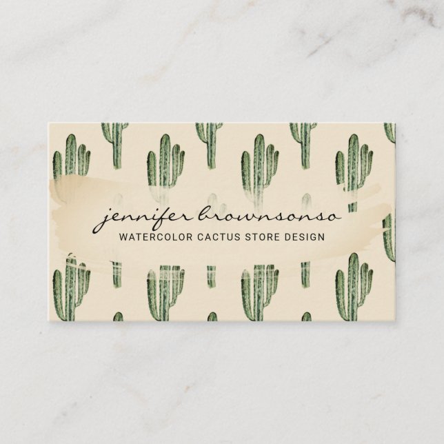 Bohemian Beige Green Flower Cute Cactus Business Card (Front)