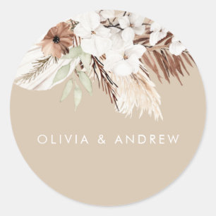 Bohemian Beige Modern Floral Wedding Name Classic Round Sticker