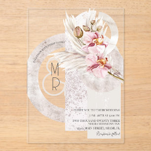 Bohemian Beige Pink Monogram Pampas Wedding B Acrylic Invitations