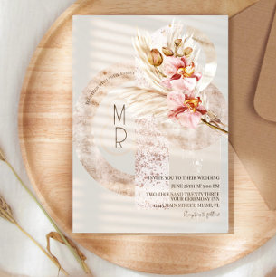 Bohemian Beige Pink Monogram Pampas Wedding B Invitation