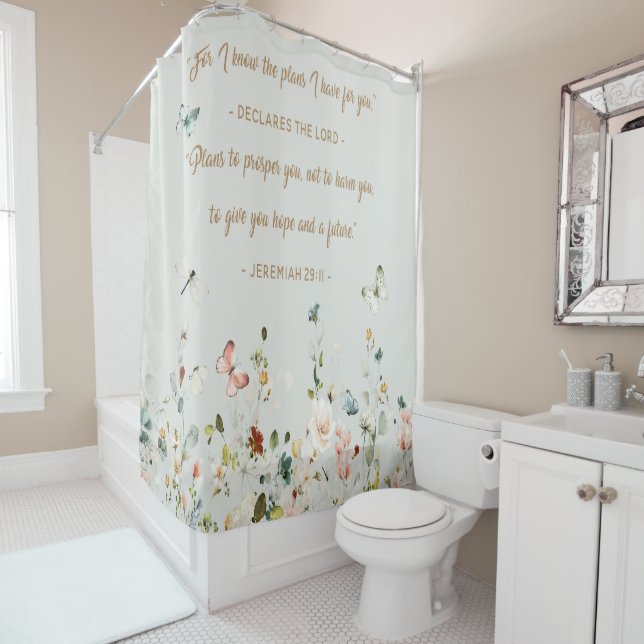 Bohemian Bible Verse Floral Shower Curtain (In Situ)