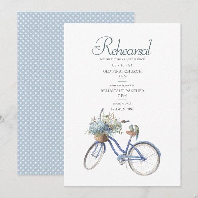 Bohemian Bicycle Watercolor Wedding Rehearsal Invitation (Front/Back)